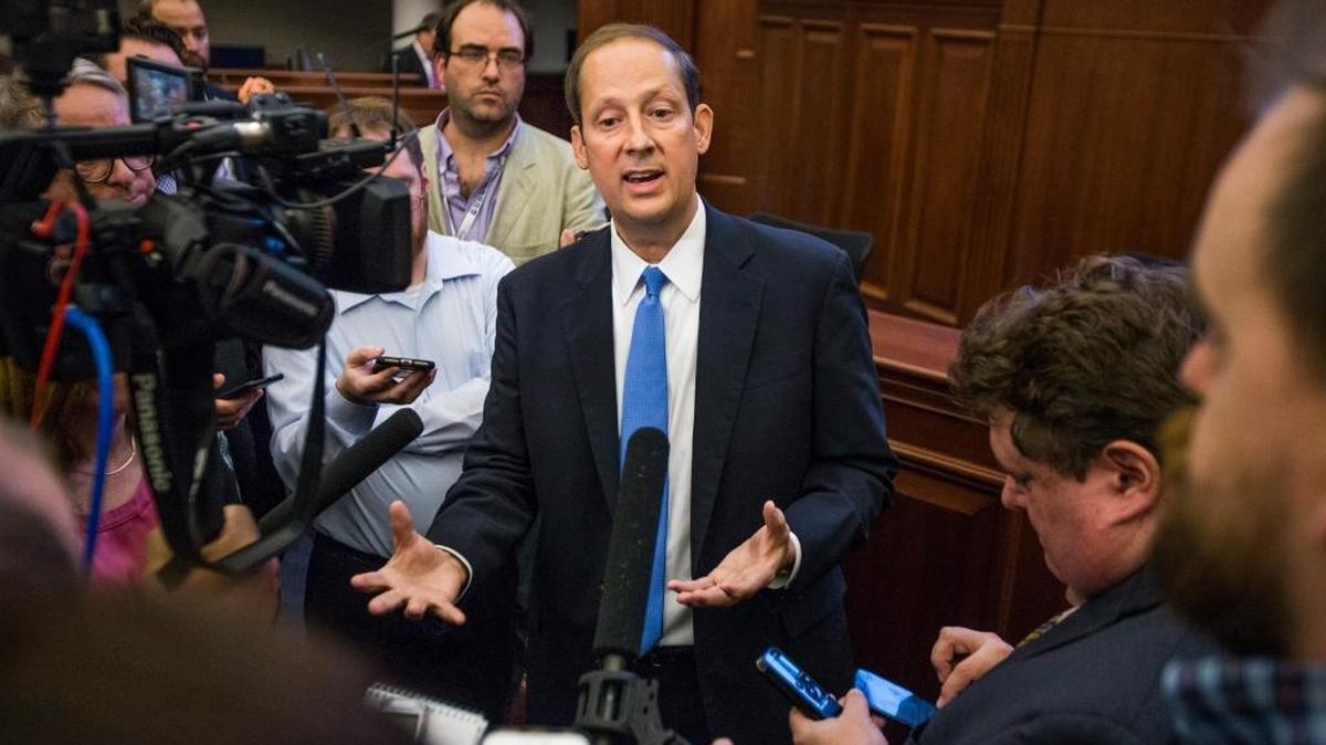 Senate President Joe Negron, R- Palm City, talks to the media on the Senate floor at the end of the second day of the special session of the Florida Legislature Thursday June 8, 2017 at the Florida Capitol in Tallahassee.