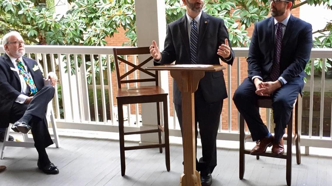 Miami Republican lawmaker and Florida House education committee chairman Michael Bileca — joined by Hialeah Republican state Rep. Manny Diaz Jr., right — speaks during a luncheon at the James Madison Institute in Tallahassee, Fla. on Jan. 26, 2017, in honor of National School Choice Week.