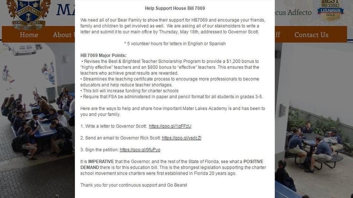 A screengrab of an “alert” posted on the homepage of Mater Academy Lakes High School, which offers parents five hours’ credit toward their volunteer hours at the school, if they write a letter to Gov. Rick Scott in support of HB 7069.