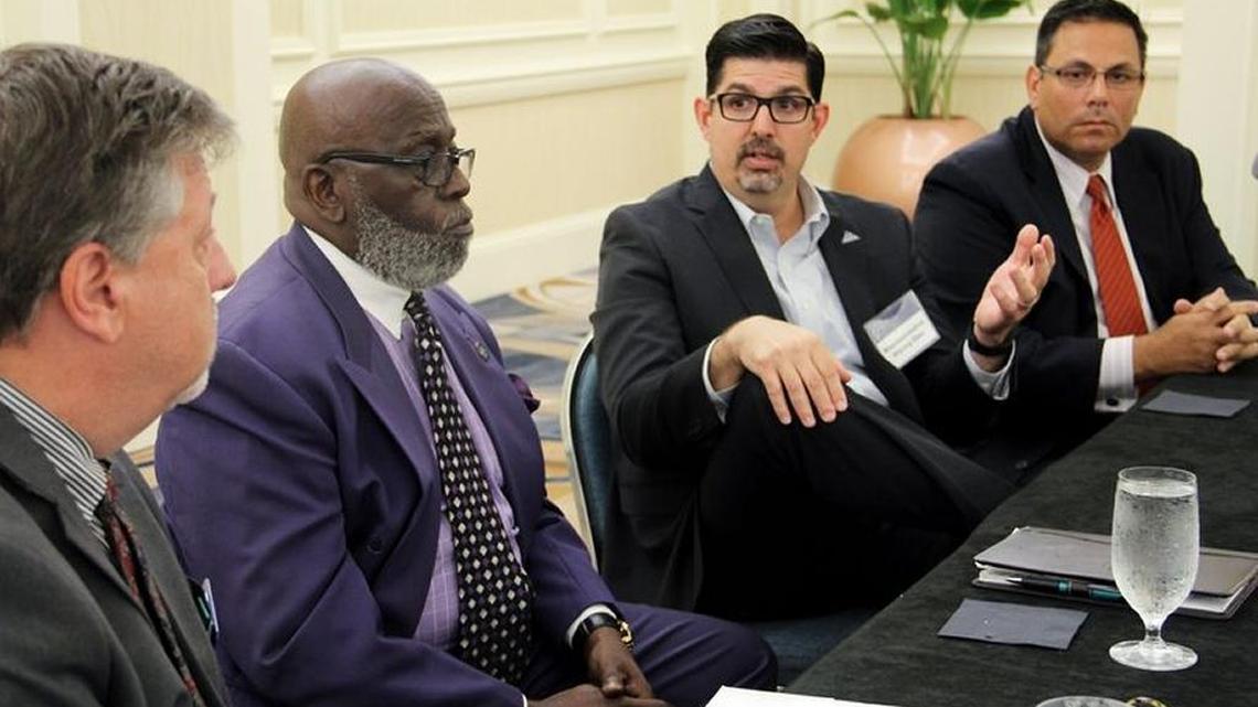 Republican State Rep. Manny Diaz Jr., center, speaks during a panel discussion about educational choice, sponsored by the James Madison Institute, on May 3, 2016 at the the InterContinental Miami Hotel.