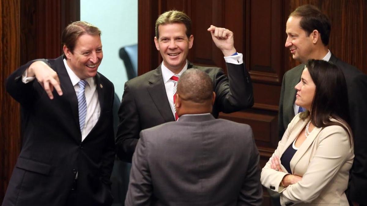 Senators, from left to right, Bill Galvano, R-Bradenton, Andy Gardiner, R-Orlando, Chris Smith, D-Fort Lauderdale, Joe Negron, R-Stuart, and Anitere Flores, R-Miami share a conversation during the commentary portion on the budget bill at the end of the special session, June 19, 2015, in Tallahassee. Gardiner and Smith reach their term limit after the 2016 session.