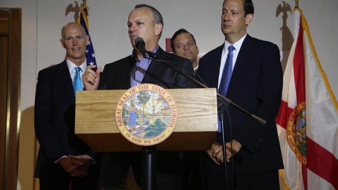 House Speaker Richard Corcoran takes his turn at the podium during Friday morning’s press conference at Miami International Airport. Gov. Rick Scott, left, Lt. Governor Carlos Lopez Cantera, rear, and Senate President Joe Negron, right, all participated in explaing the special session and what aspects of the budget have been negotiated and remain to be finalized when the Legislature convenes for three days next week.