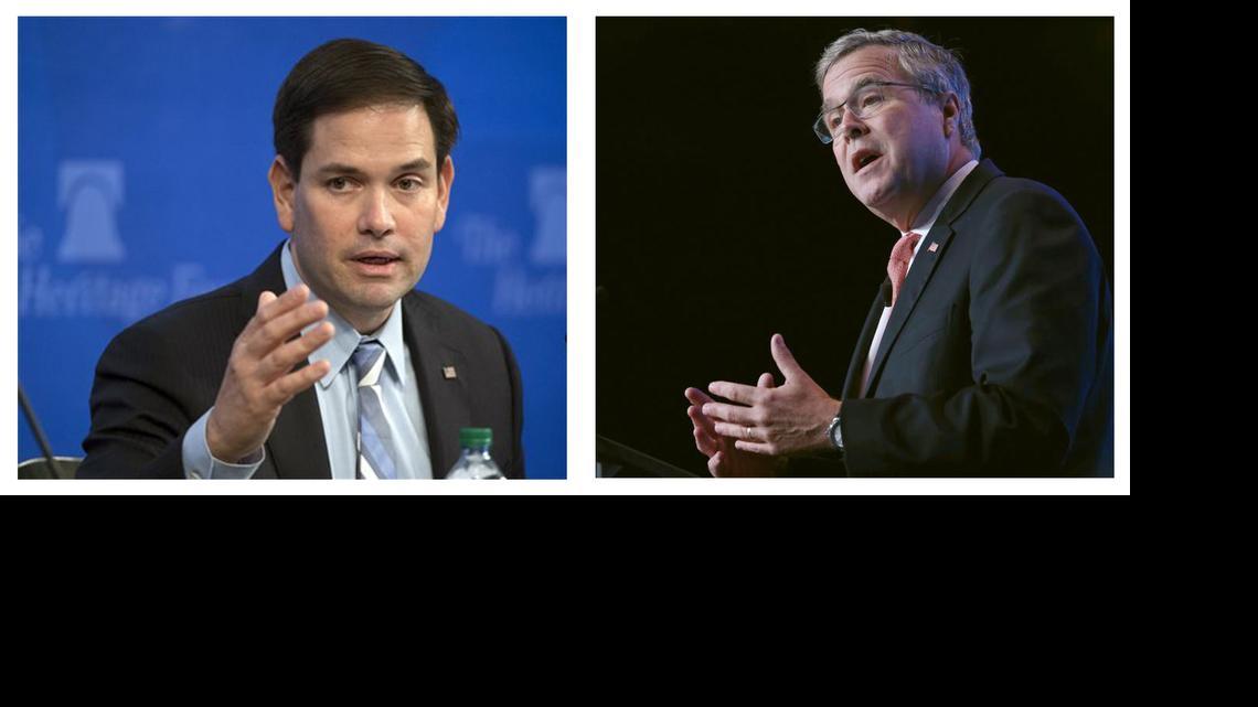 
Republican presidential candidates Sen. Marco Rubio, R-Fla., left, is shown in this April 15, 2015, photo and former Florida Gov. Jeb Bush is shown in this Nov. 20, 2014 photo. The former Florida governor and the current U.S. senator are largely in line on the issues, so they are plying other avenues to undermine each other. 
