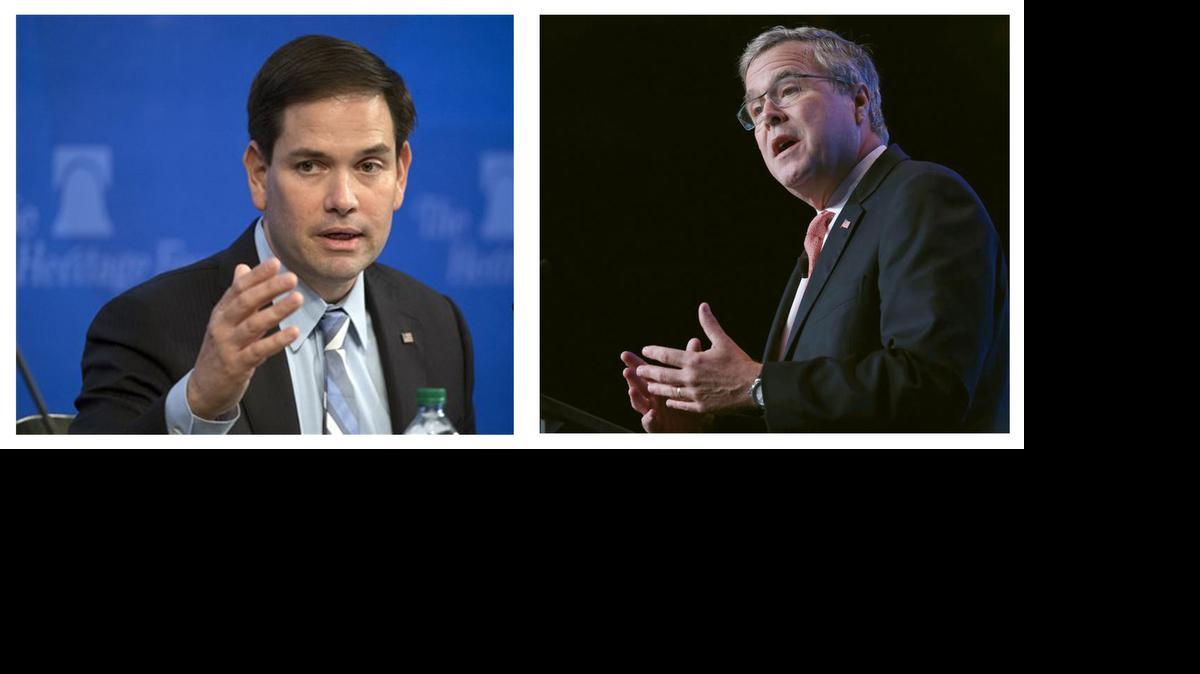 
Republican presidential candidates Sen. Marco Rubio, R-Fla., left, is shown in this April 15, 2015, photo and former Florida Gov. Jeb Bush is shown in this Nov. 20, 2014 photo. The former Florida governor and the current U.S. senator are largely in line on the issues, so they are plying other avenues to undermine each other. 
