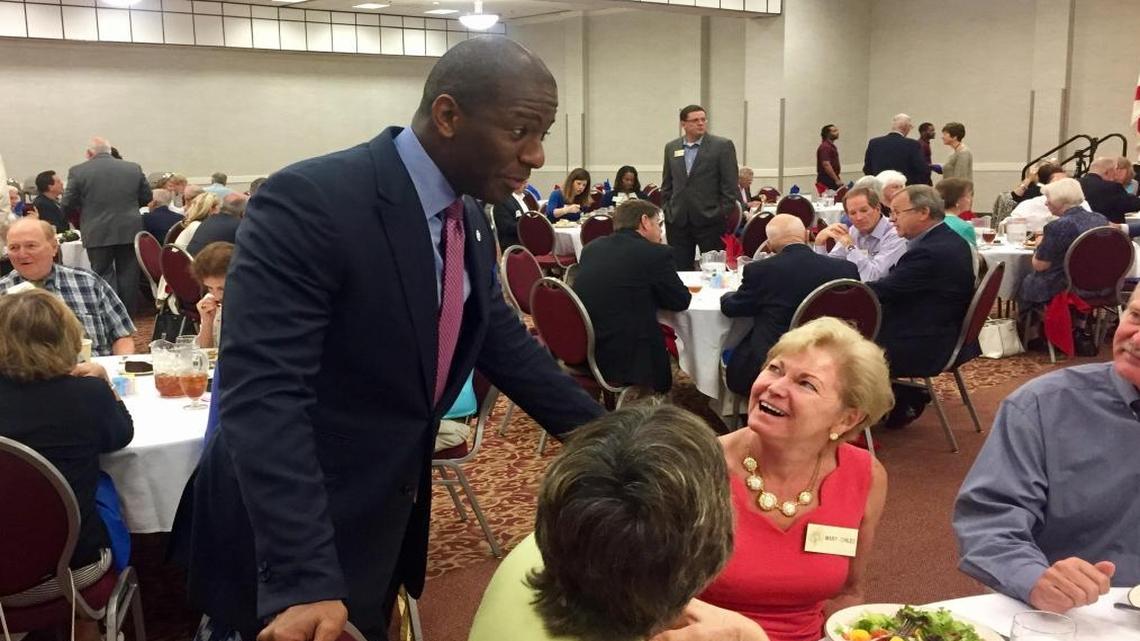 Tallahassee Mayor Andrew Gillum, a Democratic candidate for governor in 2018, talks to members of the Capital Tiger Bay Club in Tallahassee before delivering a luncheon speech on Wednesday, May 31, 2017.