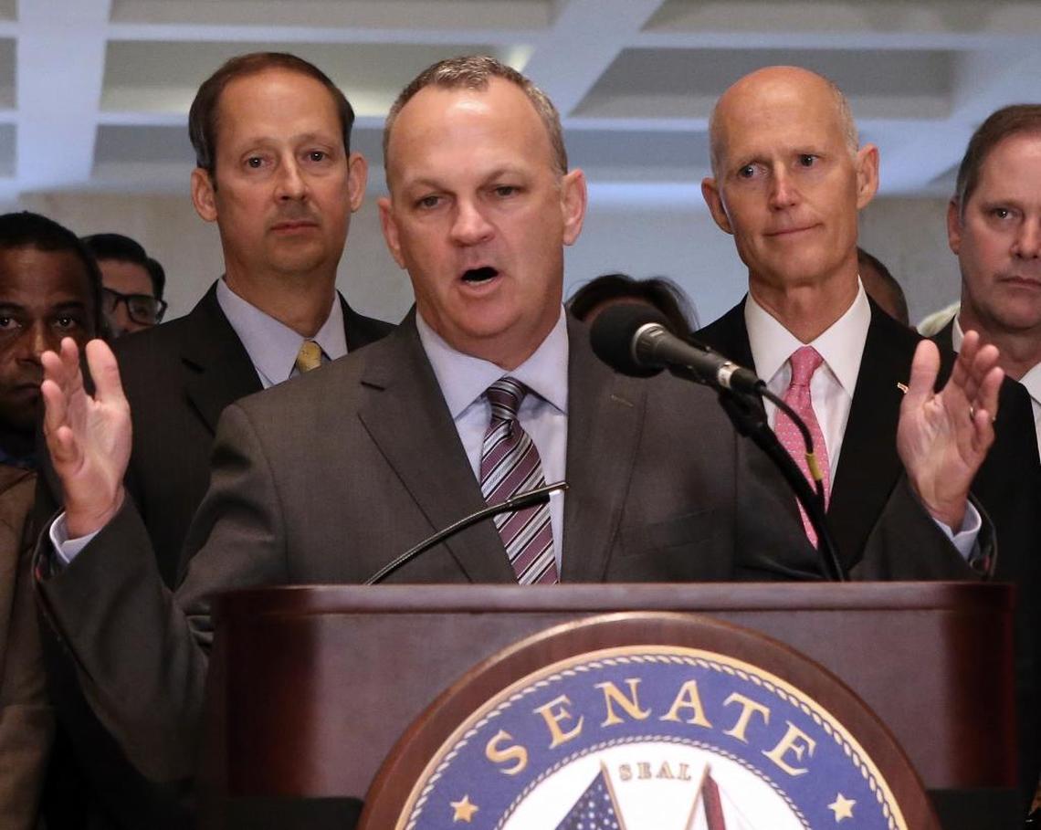 Houses Speaker Richard Corcoran, R-Land O’Lakes, addresses legislators and media at the end of the special session, Friday, June 9, 2017, in Tallahassee.
