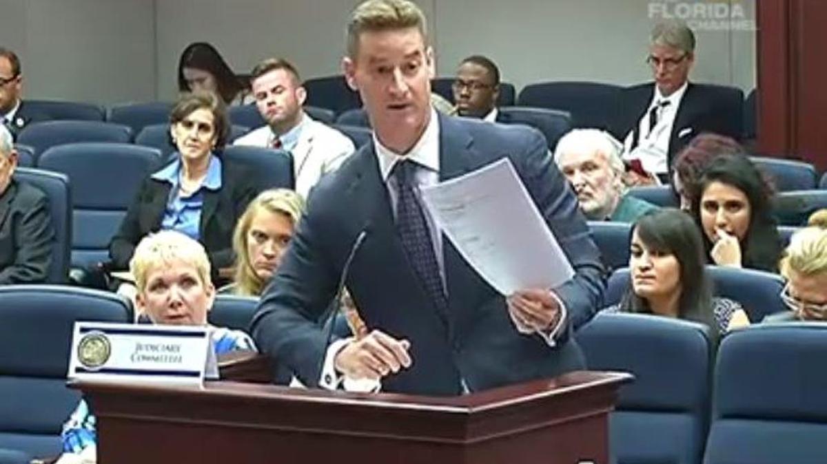 Rep. Greg Steube, R-Sarasota, testifies during the Florida House Judiciary committee hearing on Thursday about his bill that would allow concealed-weapons permit-holders to carry guns on college and university campuses