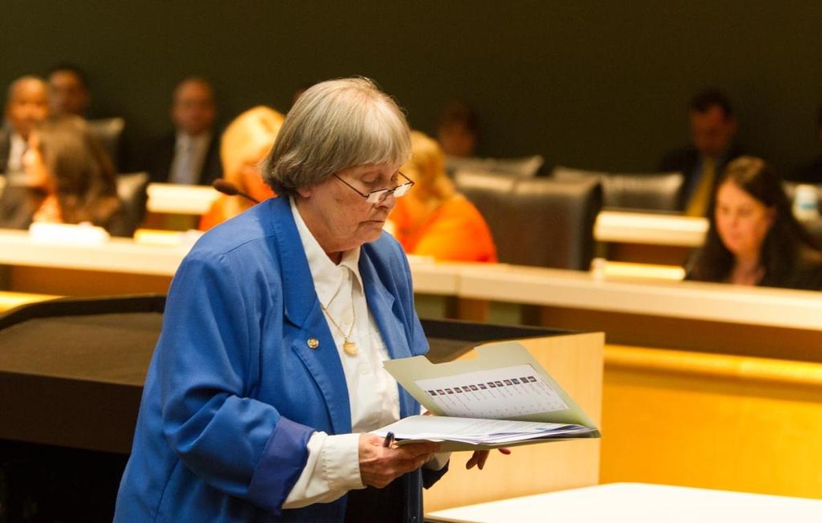 Gun lobbyist Marion Hammer returns to her seat after speaking in the Senate Rules Committee meeting on gun safety Monday.