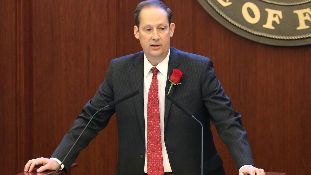Senate president Joe Negron, R-Stuart, addresses his fellow senators on the first day of the legislative session, Tuesday, Jan. 9, 2018, in Tallahassee.