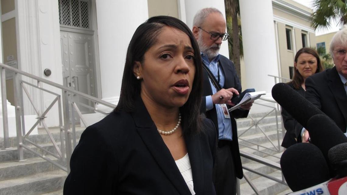State Attorney Aramis Ayala talks to reporters after her lawyer asked the Florida Supreme Court to return 24 murder cases Gov. Rick Scott reassigned to another prosecutor because Ayala won’t seek the death penalty. The court heard arguments Wednesday, June 28, 2017, in Tallahassee.