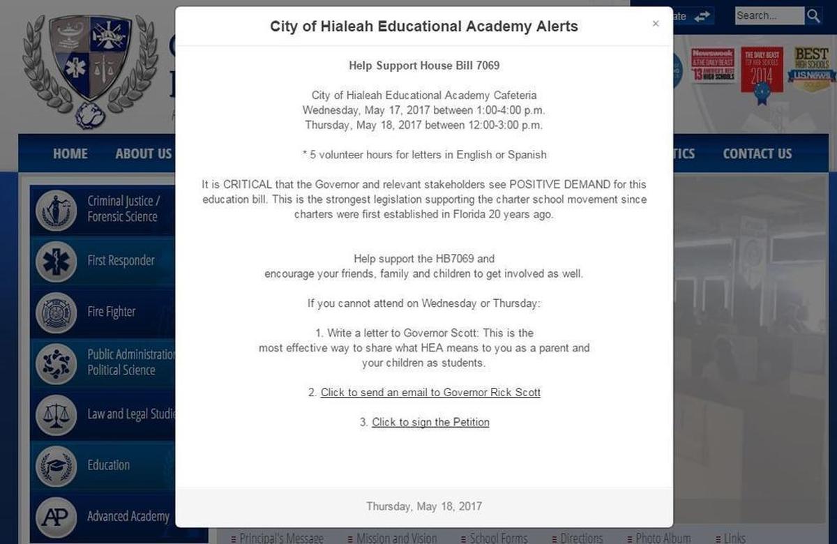 A screengrab of an “alert” posted on the homepage of City of Hialeah Educational Academy, which offers parents five hours’ credit toward their volunteer hours at the school, if they urge Gov. Rick Scott to sign HB 7069.