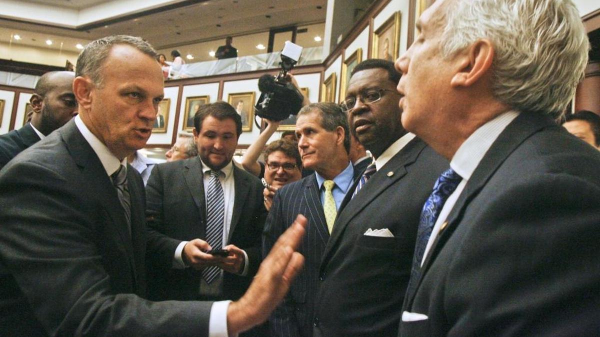 At left, Rep. Richard Corcoran, R-Land O’ Lakes, makes a point with Rep. Jim Waldman, D-Coconut Creek, on the floor of the House of Representatives in 2014, during a special session to redraw two congressional districts.