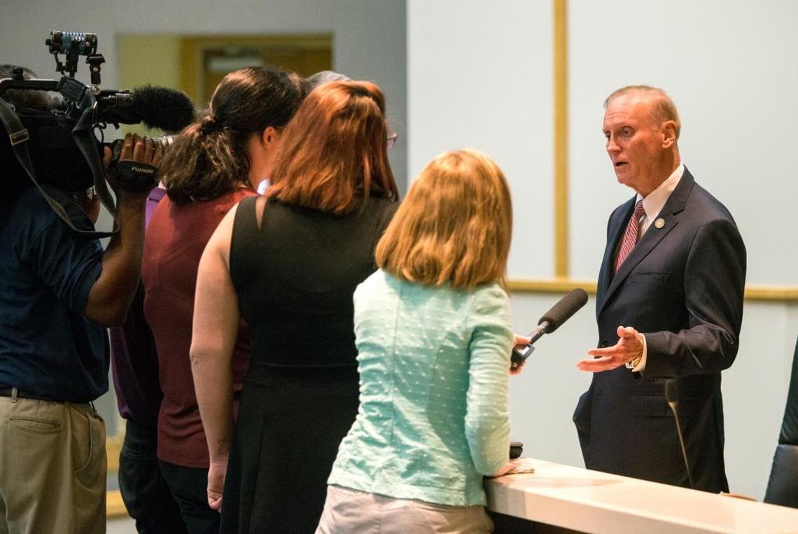 State Sen. David Simmons, R-Longwood, talks to reporters after the Senate appropriations committee meeting during a special session of the Florida Legislature, Wednesday, June 7, 2017, to at the Capitol in Tallahassee.