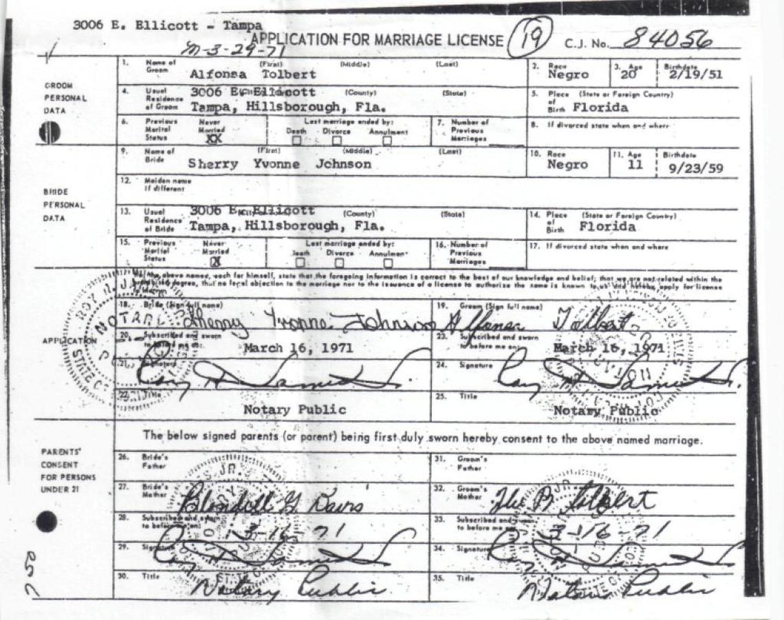 This is the marriage application of Sherry Johnson and Alfonsa Tolbert, She was 11. He was 20.