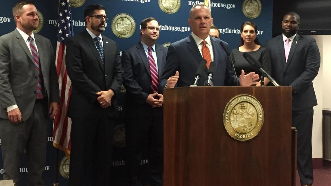 House Speaker Richard Corcoran, R-Land O’Lakes, announced on Oct. 11 a new “Hope Scholarship” proposal to help public schoolchildren who are victims of bullying, assault or other trauma to attend a different school of their choice. Joining Corcoran were his top lieutenants on education policy and spending, from left: Republican Reps. Jake Raburn of Lithia, Manny Diaz Jr. of Hialeah, Chris Latvala of Clearwater, Michael Bileca of Miami, Jennifer Sullivan of Mount Dora and Byron Donalds of Naples.