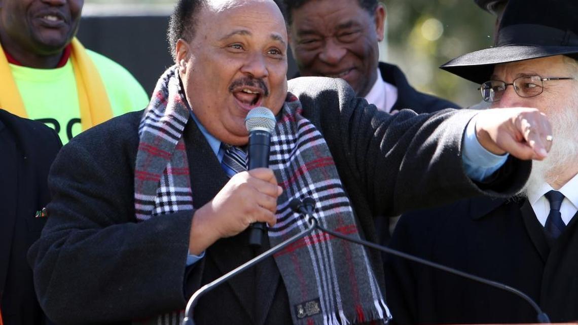Martin Luther King III speaks to demonstrators at the Florida Capitol as they rally in support of the school voucher program on Tuesday. The rally comes at a time when the legal status of the program is in question due to an ongoing lawsuit from Florida's teacher union.