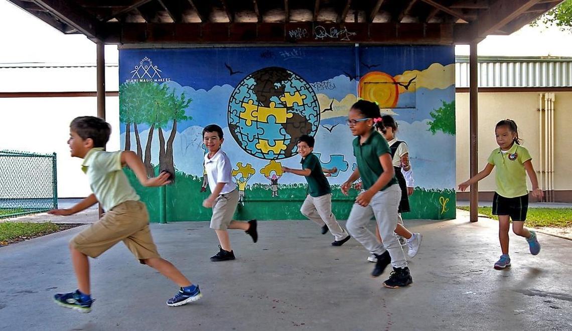 Kindergarten students head out to the playground for recess at Citrus Grove Elementary School on Thursday, February 9, 2017. A new law passed this spring requires all traditional public elementary schools to offer 20 minutes of recess a day.