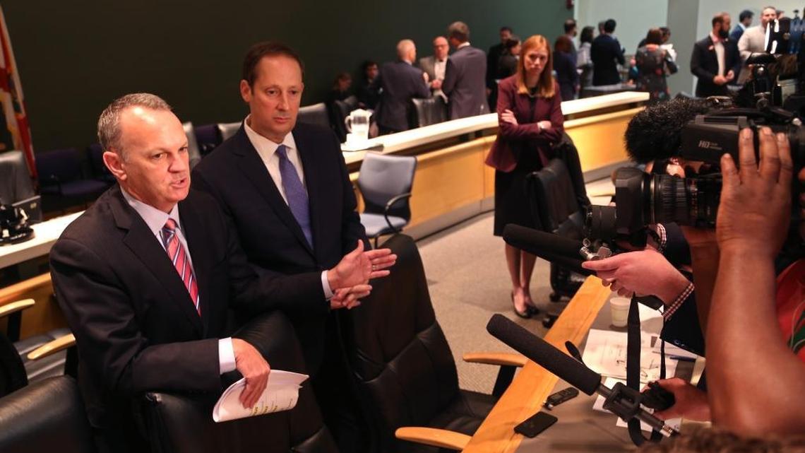 House Speaker Richard Corcoran, R-Land O’Lakes, and Senate President Joe Negron, R-Stuart, talk to reporters after a budget conference meeting on May 5.