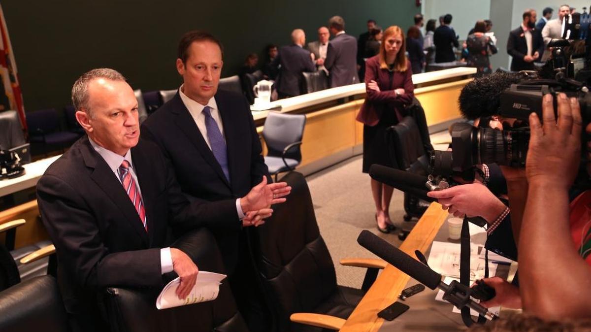 House Speaker Richard Corcoran, R-Land O’Lakes, and Senate President Joe Negron, R-Stuart, talk to reporters after a budget conference meeting on May 5.
