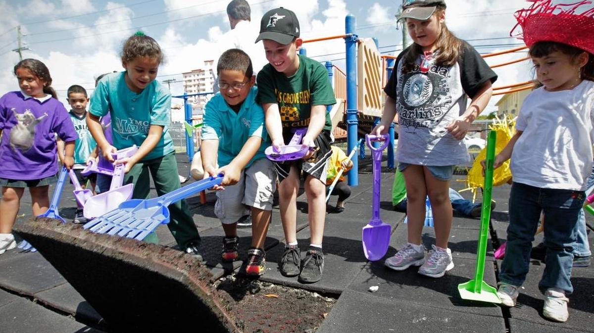 Students participate in the groundbreaking of the playground at Citrus Grove Elementary in April 2011. Nicole Rodriguez, Jorge Betancourt, Jorge Machado, Elizabeth Hernandez and Angelina Alfonso participate.