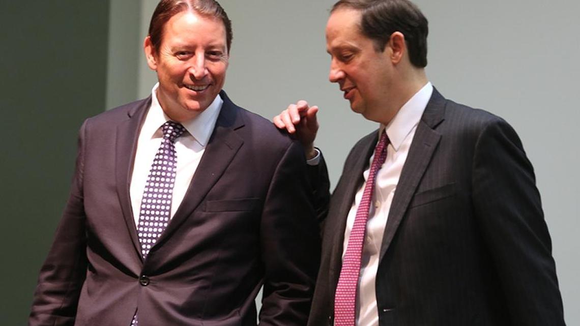 Bradenton Republican state Sen. Bill Galvano, left, speaks with current Senate President Joe Negron, R-Stuart, during the 2016 session.
