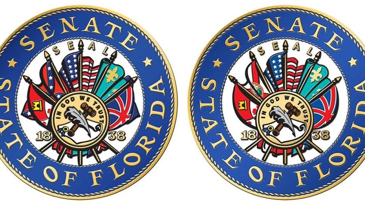 
Before and after: The former Florida Senate Seal, left, and the new seal, right. The new seal, approved Monday, swaps out the Confederate battle flag for the Florida state flag.
