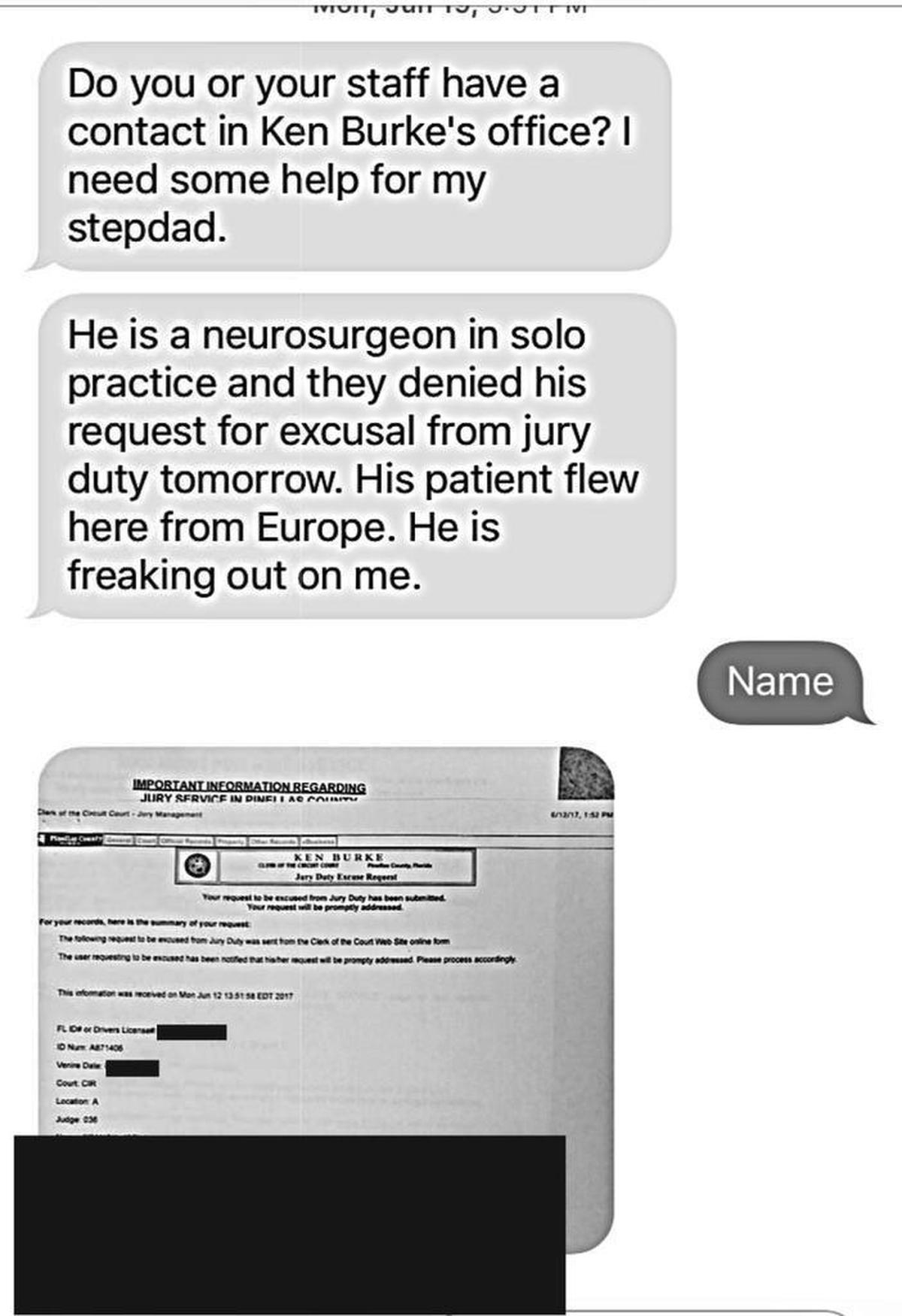 In one text message exchange, Rachel Perrin Rogers sought Sen. Jack Latvala’s help in getting her stepfather excused from jury duty in Pinellas County. Photographs of this and other text messages between the two were provided to the Herald/Times by Latvala’s attorney.