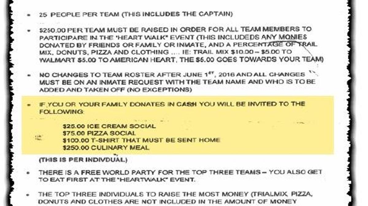 Officials at Gadsden Correctional Facility distributed this flier to inmates and their families with rules about a fundraiser that could earn inmates specialty meals in exchange for donations.