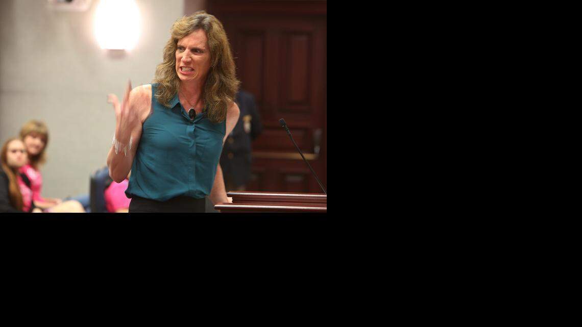 
Cindy Sullivan, 45, St. Petersburg, a transgender woman, responds to Rep. Frank Artiles, R- Miami, sponsor of HB 583 during a House Civil Justice Subcommittee meeting, Wednesday at the Capitol in Tallahassee. Sullivan spoke against the bill that Requires that use of single-sex facilities be restricted to persons of sex for which facility is designated; prohibits knowingly & willfully entering single-sex public facility designated for or restricted to persons of other biological sex; provides exemptions; provides private cause of action against violators; provides for preemption. "I just want live an authentic life free from harassment. Harassment is out there in the community and this bad bill is government harassment," said Sullivan.
