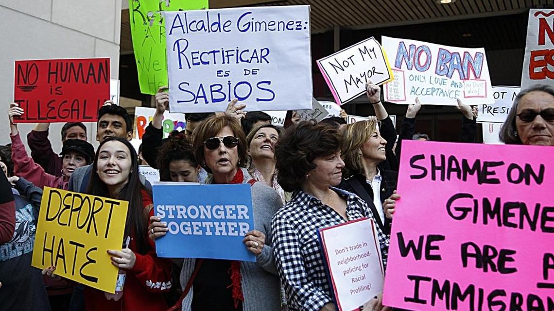 Protesters demonstrated outside County Hall on Jan. 31 after Miami-Dade Mayor Carlos Gimenez abandoned a policy effectively making the county a sanctuary for immigrants in the country illegally.