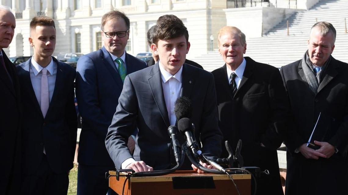 Kyle Kashuv, who survived the shooting at Marjory Stoneman Douglas last month, speaks during a news conference in Washington, D.C., on Tuesday, March 13, 2018, to call for swift passage of a bill to address school violence.