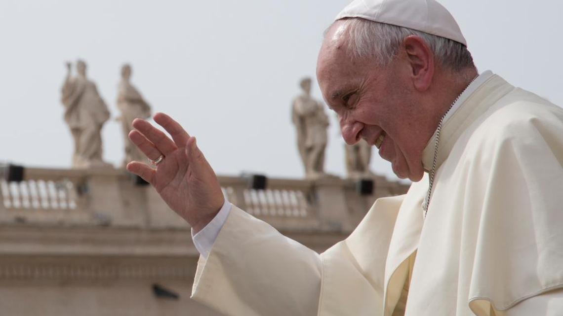 
Pope Francis waves after his weekly general audience in St. Peter’s Square at the Vatican on Wednesday.
