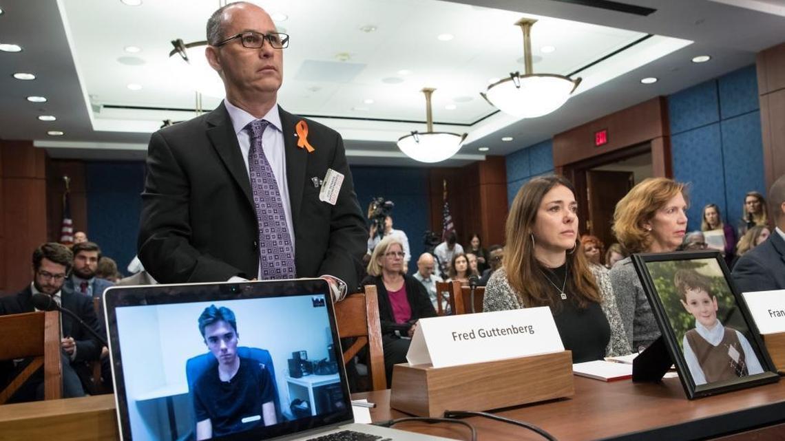 From left: On the laptop screen, David Hogg, 17-year-old student from Marjory Stoneman Douglas High School in Parkland; Fred Guttenberg, father of Jaime Guttenberg, 14, who was killed in the shootings; Francine Wheeler, mother of Ben Wheeler, who was killed in the 2013 Sandy Hook shooting; and Lori Haas, whose daughter Emily survived the 2007 Virginia Tech shooting. All joined a panel at an event in March at the Capitol in Washington sponsored by Senate Democrats on protecting children from gun violence.