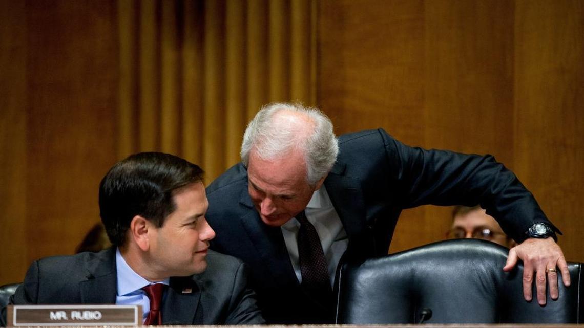 Senate Foreign Relations Committee Chairman Bob Corker speaks with Sen. Marco Rubio on Capitol Hill earlier this month.