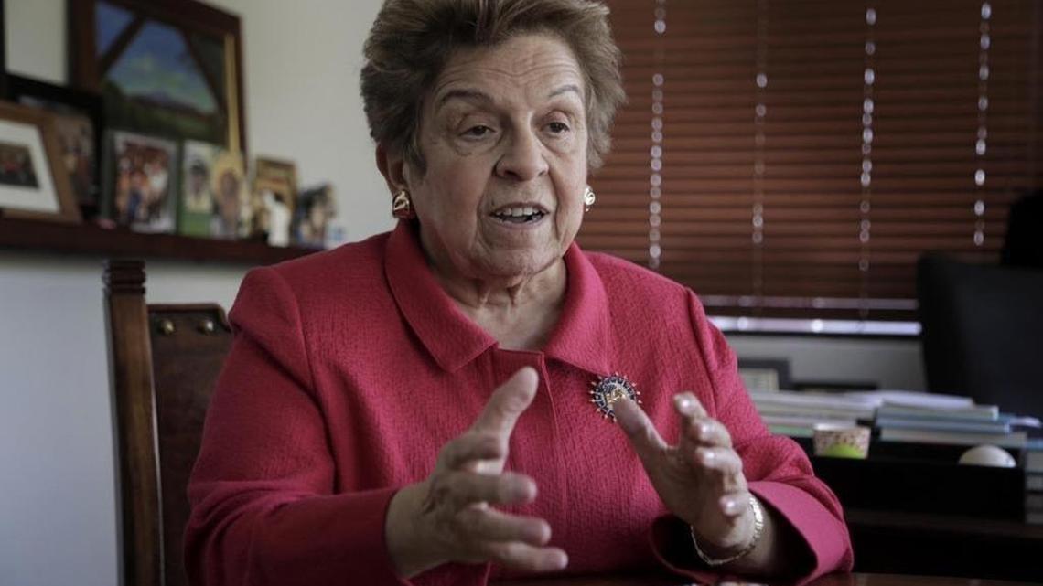 Donna Shalala talks about her interest in running for Congress last month at the offices of Bendixen & Amandi International in Coconut Grove.
