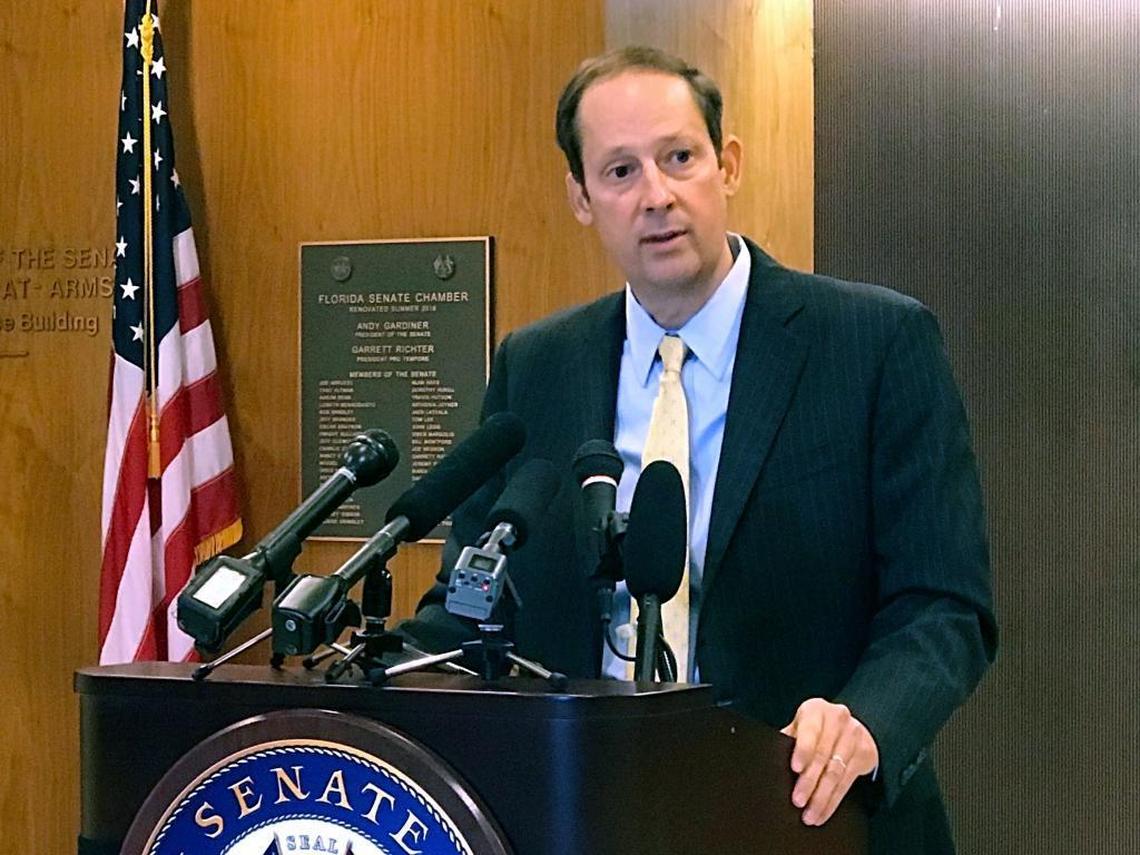 Florida Senate President Joe Negron discusses the resignation of Sen. Frank Artiles during a news conference in front of the Senate chamber Friday.