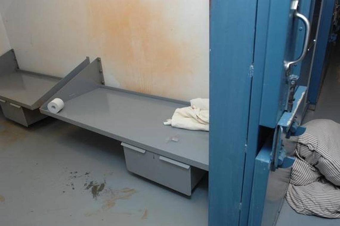 A cloud of residue shows where Randall Jordan-Aparo was sprayed with noxious chemicals at Franklin Correctional Institution.