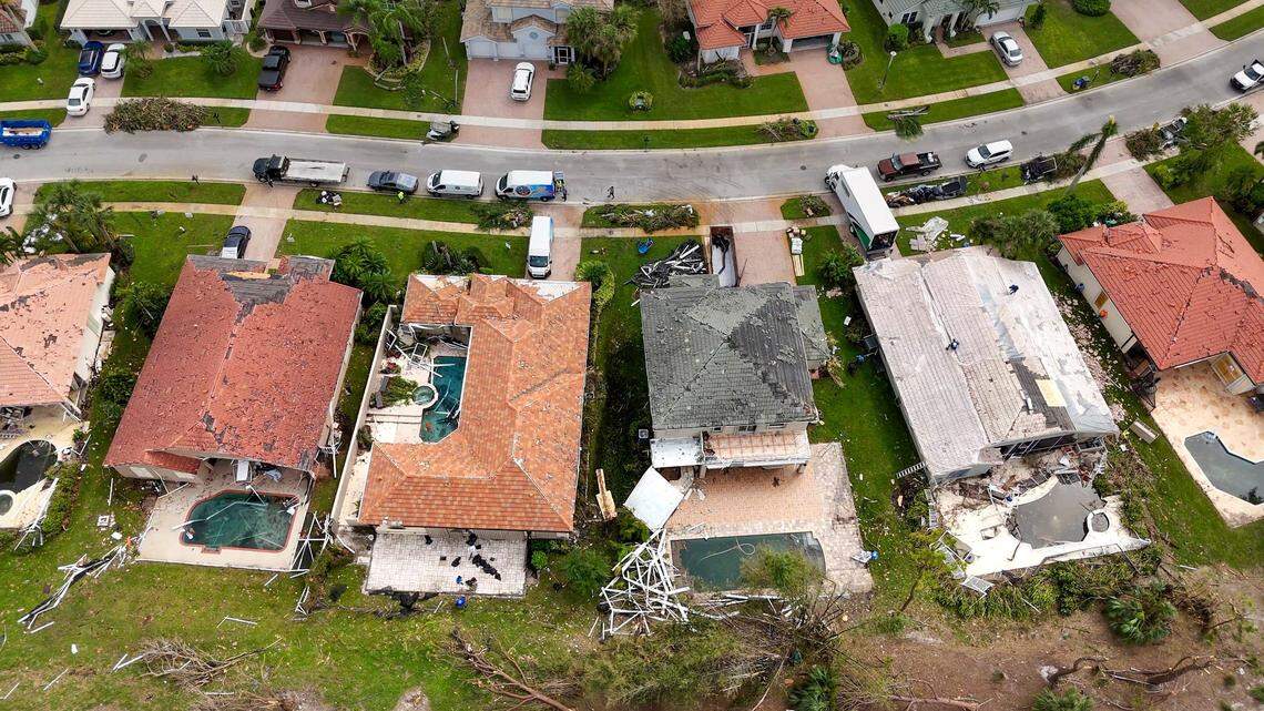 Damage to homes near the Aero Club in Wellington, Florida on October 11, 2024. A tornado ripped through the area before Hurricane Milton made landfall in Florida two days earlier.