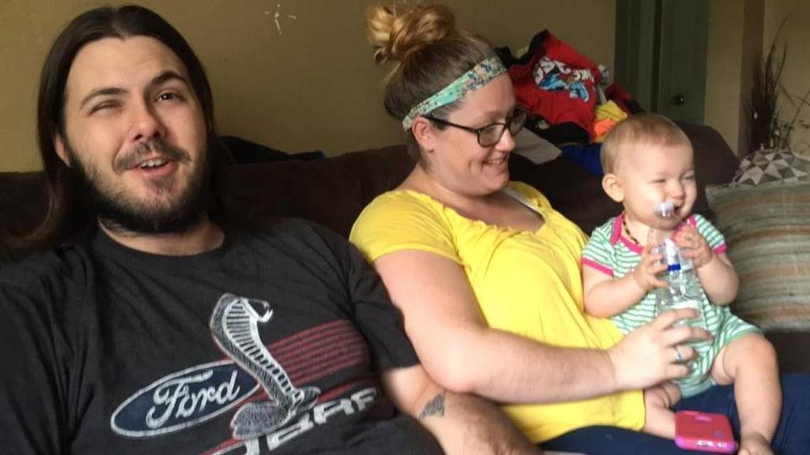 Even after two and a half months, Kory Williams' right eye is still closed shut after it was pierced by a catfish's spine. Williams was relaxing at home last Thursday with wife, Brooke and baby, Payton, 10-months.