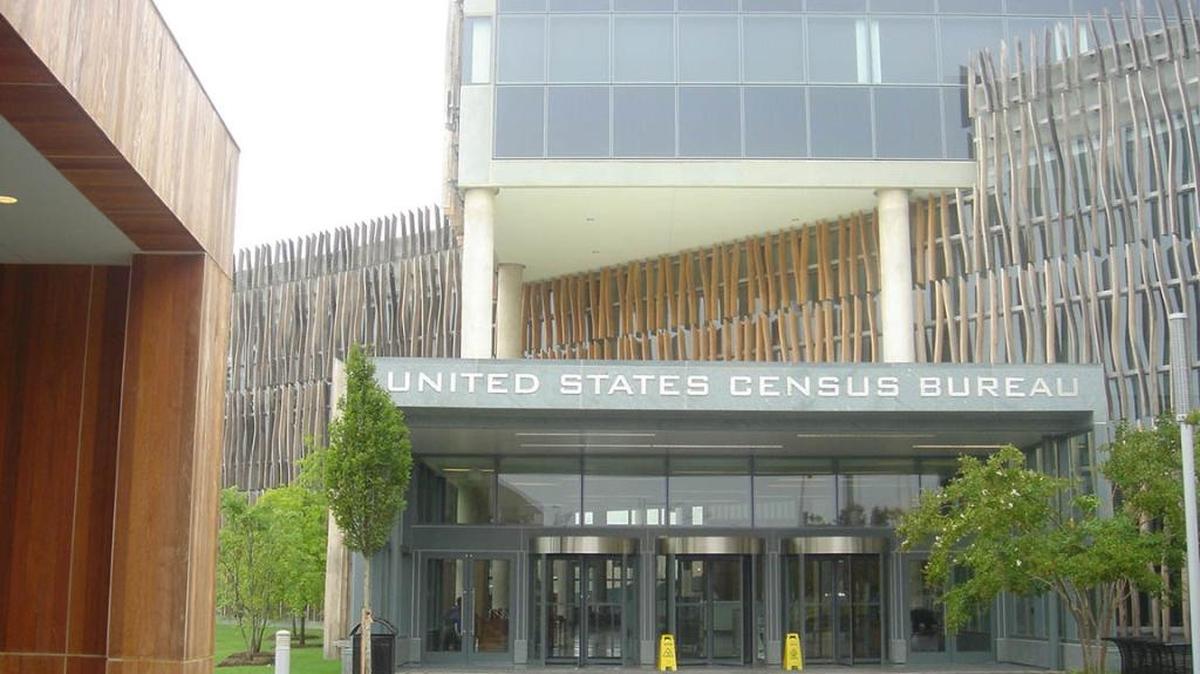 Main entrance of U.S. Census Bureau headquarters building located in Suitland, MD.