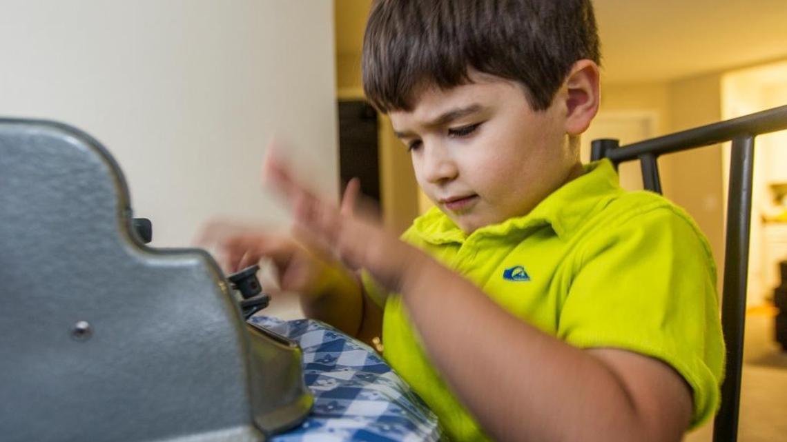 Six-year-old Aref Shabaneh is blind. He can read only with a Braille device, and walks with the use of a cane.