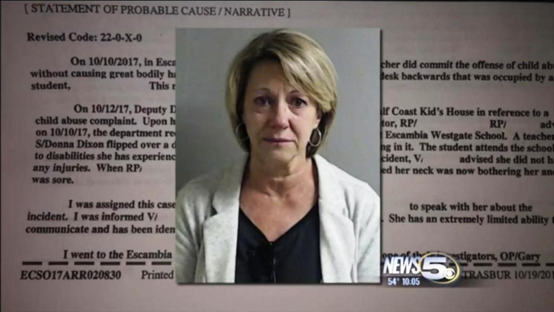 Escambia Westgate School special needs teacher Donna Dixon has been accused of flipping a desk with a student sitting in its seat. The student has Down Syndrome.