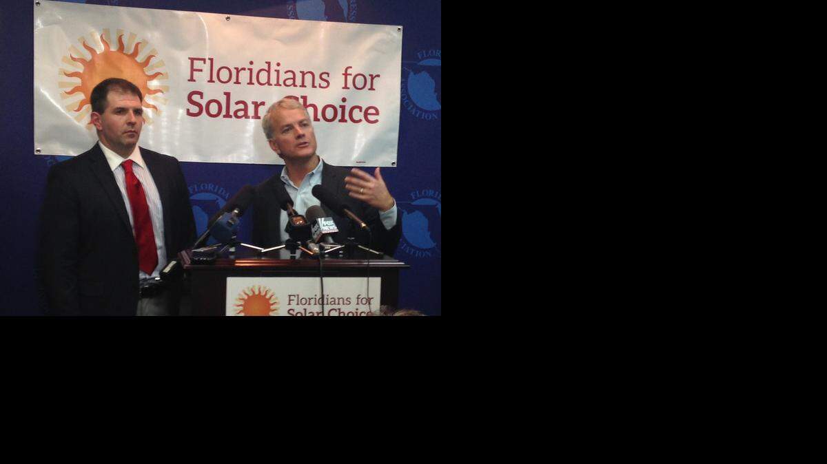 
SOLAR CAMPAIGN: Tory Perfetti, left, chairman of Floridians for Solar Choice, and Stephen Smith, executive director of Southern Alliance for Clean Energy, answer questions during the PAC's launch Wednesday in Tallahassee.
