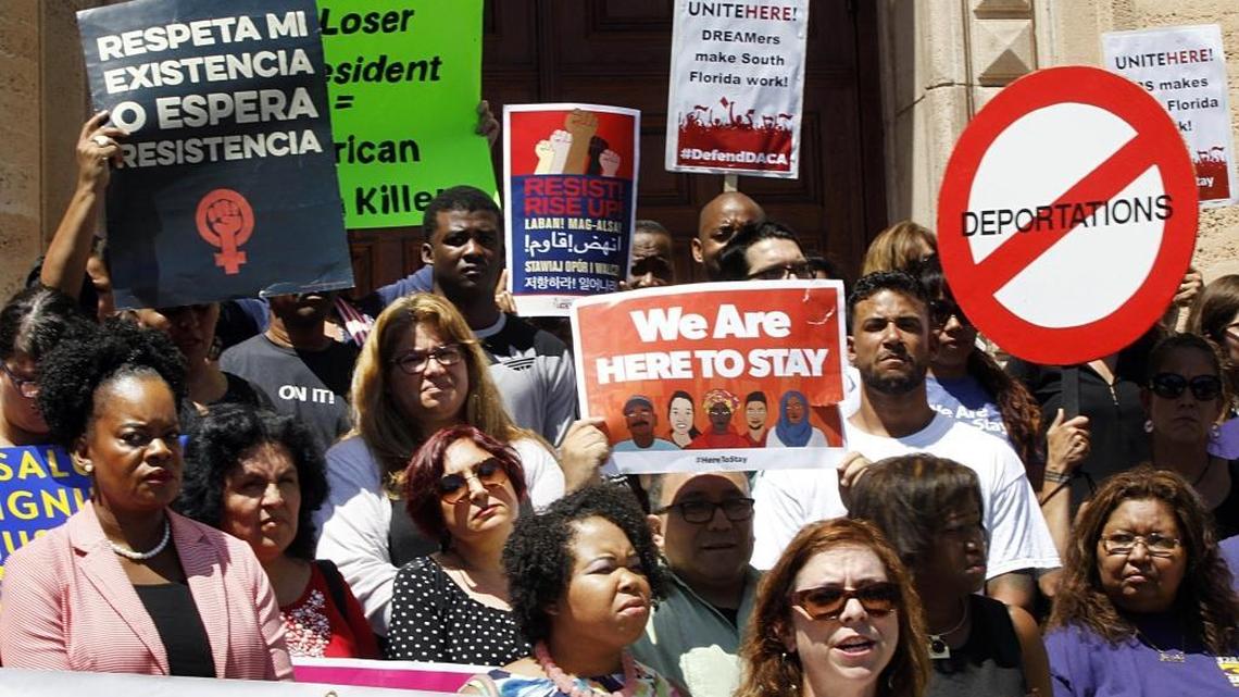 Maria Rodriguez, director of the Florida Immigrant Coalition, leads a group of Dreamers, TPS holders, elected officials, faith leaders, labor, and community organizations attending a rally to defend the Deferred Action for Childhood Arrivals (DACA) program in front of the MDC Freedom Tower in Miami, on Tuesday September 05, 2017.