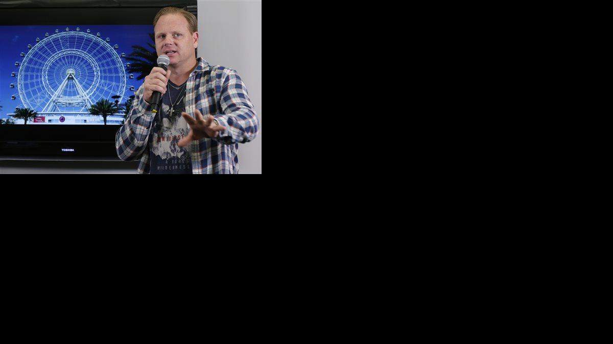 High-wire performer Nik Wallenda announces his latest stunt at the 400-foot Orlando Eye, during a news conference, in New York, Monday, April 13, 2015. Wallenda says he'll walk untethered on top of an Orlando, Florida observation wheel on April 29. The daredevil has previously crossed Niagara Falls, the Grand Canyon and the divide between two Chicago skyscrapers.
