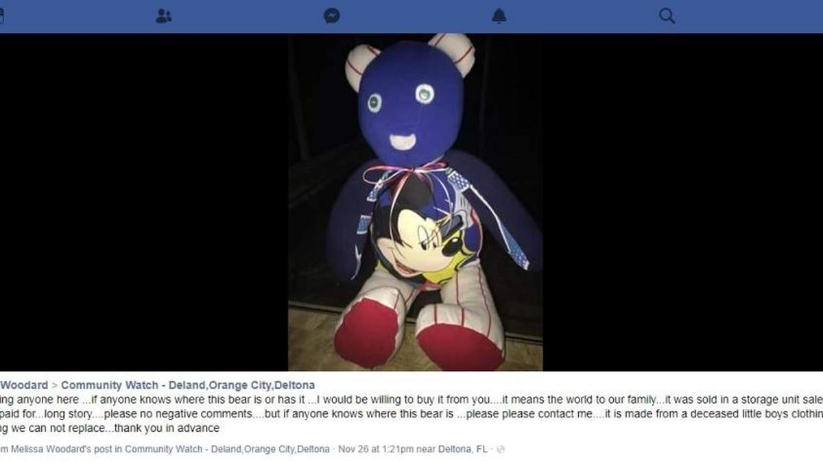 Melissa Woodard, a Deltona woman who helped care for a toddler who drowned on Labor Day 2014, posted this image and request in a Facebook Community Watch group. She had this teddy bear made with some of the boy’s clothing and presented it to his mother, but the bear was auctioned off from a storage unit sale. Woodard and the mother hope to find the bear.
