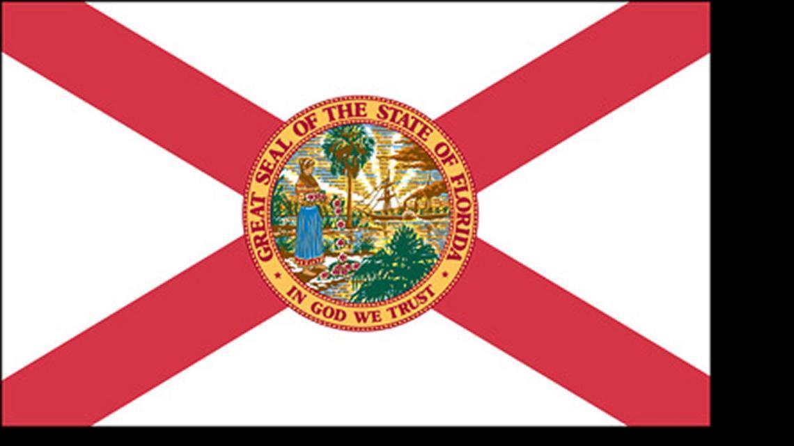
The Florida state flag’s current design features diagonal red bars and the state seal.
