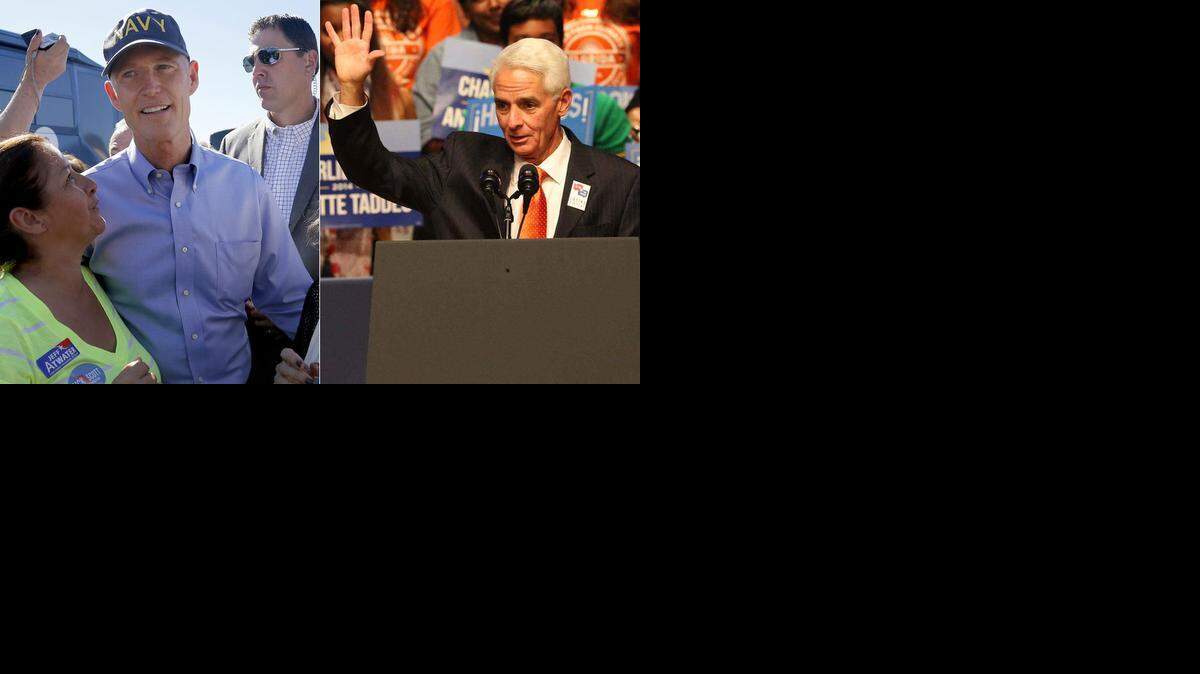 
At left, Gov. Rick Scott campaigns in Hialeah, while Charlie Crist, right, holds a rally at Florida International University on Sunday, Nov. 2, 2014.

