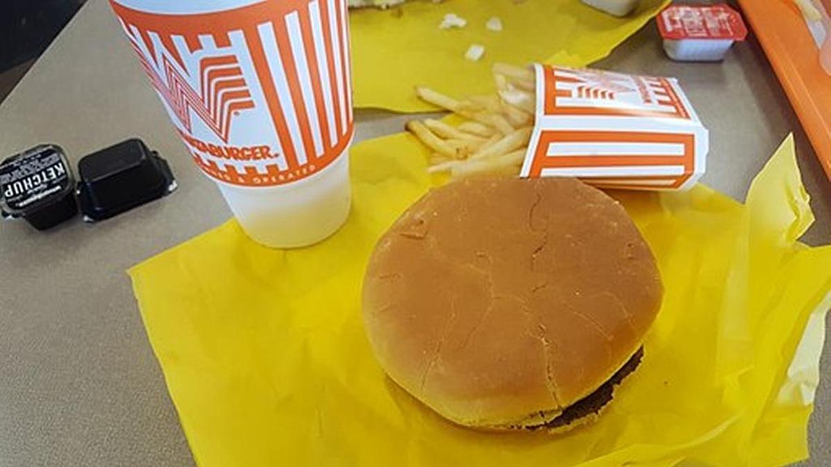Whataburger hamburger, fries and drink