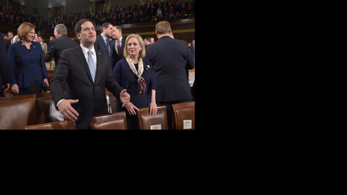 RUBIO RUNNING?: Sen. Marco Rubio waits for the start of the State of the Union address by President Barack Obama on Capitol Hill in Washington. On Friday, In a major sign of his White House ambitions, Rubio kicked off an election-strategy powwow at the Delano Hotel by announcing a fundraising team that looked like a presidential campaign-in-waiting.
